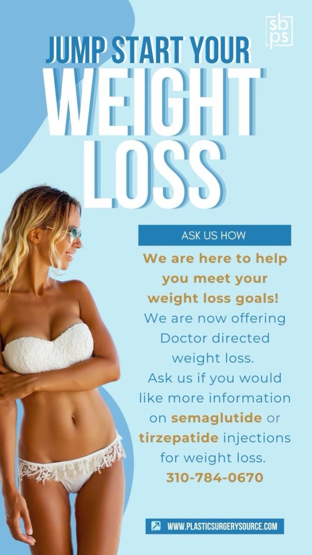 Take control of your weight loss journey with South Bay Plastic Surgeons!⁠
⁠
Are you ready to have lasting results and achieve your goals? Our personalized weight-loss program, featuring Semaglutide and Tirzepatide, offers a comprehensive and convenient solution to help you reach your goals.⁠
⁠
-Personalized approach: We start with an in-depth consultation (in-person or virtual) to understand your unique needs and goals⁠
-Convenient follow-up: Meet with your doctor (virtually or in-person) every 4 weeks to track progress and adjust your plan as needed⁠
-Discreet and effective: Medications are shipped directly to your door with clear instructions⁠
-Affordable program: Monthly fee covers medication and doctor visits (consultation fee applies initially and is credited towards program costs)⁠
⁠
While each treatment plan is customized and results vary, most patients reach their goals in 4-6 months!⁠
⁠
Are you interested in doctor directed weight loss? Click the link in bio or call us at 310-784-0644 to schedule today!⁠
⁠
#southbayplasticsurgeons #sbps #semaglutide⁠