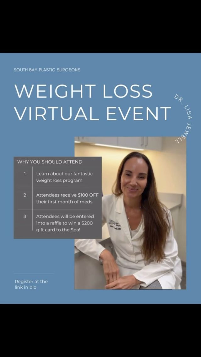 Unlocking the Potential of Semaglutide and Tirzepatide: A Doctor-Guided Program for Weight Management”

Join our exclusive webinar to delve into the world of semaglutide and tirzepatide, two revolutionary medications that are reshaping the landscape of weight loss treatments. Dr. Lisa Jewell, one of our Board-Certified Plastic Surgeons, will be hosting this information webinar in which you’ll discover:

How these innovative drugs work to help you achieve your weight loss goals

The latest research and clinical trials on their effectiveness and safety

Potential side effects and how to manage them

Important considerations and factors to weigh when deciding if semaglutide or tirzepatide is right for you

Don’t miss this opportunity to gain valuable insights and learn how these cutting-edge medications can help you embark on a healthier, happier journey.

Register now to secure your spot! All attendees will be entered into a raffle to win a $200 gift card to our Medical Spa. All attendees who move forward with the program will receive $100 off their first month of weight loss medication.