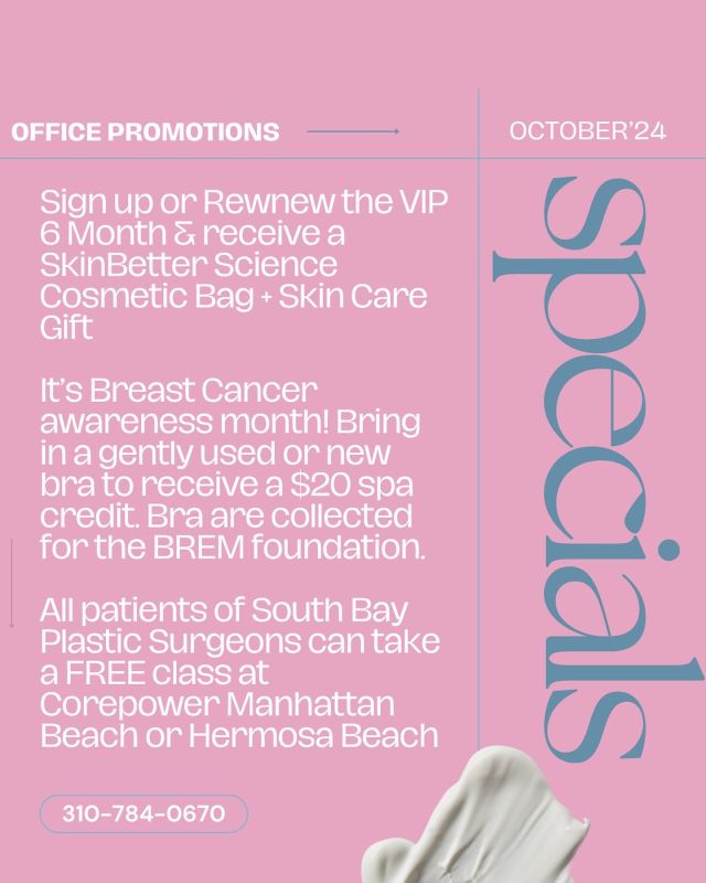 🎃 October is here, and we’re celebrating with spooktacular specials at South Bay Plastic Surgeons! 👻✨ Check out these irresistible offers:⁠
⁠
BOOTOX: First time using Daxxify? Get $1 OFF per unit! 💉⁠
⁠
Buy any syringe of RHA Filler and get 40 units of Daxxify FREE! ✨⁠
⁠
Juvederm lovers, buy 1 and get the 2nd at 50% OFF! 💋⁠
⁠
Add a Pumpkin Spice Enzyme treatment for just $30—say hello to bright, tight skin! 🎃🍂⁠
⁠
Try the Vampire Facial—add PRP to any treatment and get $100 OFF! 💉⁠
⁠
Sign up for our VIP 6-month membership and receive a Skin Better cosmetic bag + skincare gift! 🎁⁠
⁠
In honor of Breast Cancer Awareness Month, bring in a new or gently used bra for the BREM Foundation and receive a $20 spa credit! 💕 These bras go to women going through breast reconstruction. 🎀⁠
⁠
Get a FREE class at CorePower Yoga in Hermosa or Manhattan Beach! 🧘‍♀️ ⁠
Register via link in bio, and call the studio to redeem! 🏖️⁠
⁠
Call us at 310-784-0644 to grab these amazing offers! ⁠
⁠
Which one are you excited to try? ⁠
Drop a 🎃 in the comments! 👇 ⁠
⁠
#OctoberSpecials #BOOTOX #VampireFacial #BreastCancerAwareness #SouthBayPlasticSurgeons #TorranceCA