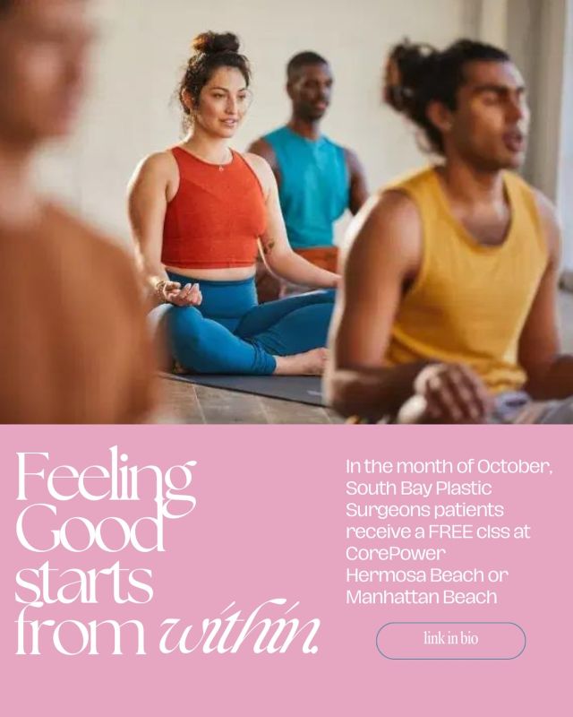 ✨ Feeling good starts from within! ✨ In honor of Breast Cancer Awareness Month, South Bay Plastic Surgeons is partnering with CorePower Yoga to help you find balance and inner peace. 💖 As a practice dedicated to helping breast cancer survivors through reconstruction, we understand the importance of both physical and emotional healing.⁠
⁠
Throughout October, our patients can enjoy a FREE yoga class at CorePower’s Hermosa Beach or Manhattan Beach location. 🧘‍♀️🌸 Click the link in bio to register as a new client and don’t forget to tell the studio you are coming from South Bay Plastic surgeons. New clients of CorePower get a free week in addition to a free class from us!⁠
⁠
Self-care is essential to every healing journey—join us in taking time to nourish your body and soul. 🌿💪 Comment below if you’ll be joining us for some yoga zen! 🧘‍♂️👇⁠
⁠
#BreastCancerAwareness #SouthBayPlasticSurgeons #CorePowerYoga #TorranceCA #SelfCare #FeelGoodFromWithin