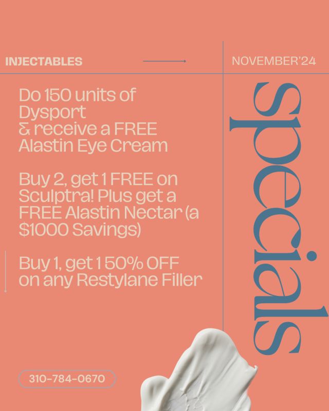 November is here, and we're celebrating with our FALLiday specials at South Bay Plastic Surgeons! Don't miss out on these amazing deals:⁠
⁠
💉 Do150 units or more of Dysport and get a FREE Alastin Eye Cream! ⁠
🎉 Buy 2, get 1 FREE on Sculptra plus get a FREE Alastin Nectar! ⁠
💋 Buy 1, Get 1 50% Off on any Restylane filler!⁠
🌟 Purchase a BBL Series and receive a FREE SkinMedica Even & Correct Serum!⁠
🎁 Sign up or renew your VIP 6-Month Membership and choose between a FREE B12 shot or an Obagi skin care gift!⁠
💆 Purchase any facial series and receive a FREE HydroJelly or Dermaplane add on!⁠
👜 Our SkinCeuticals Holiday Kits are in! Buy a CE Ferulic and get a FREE travel-size Triple Lipid plus a cosmetic bag! Or purchase a Triple Lipid Restore and get a FREE B5 Gel and cosmetic bag!⁠
⁠
Call us at 310-784-0670 to take advantage of these amazing offers!⁠
⁠
#southbayplasticsurgeons #sbps #spaspecials